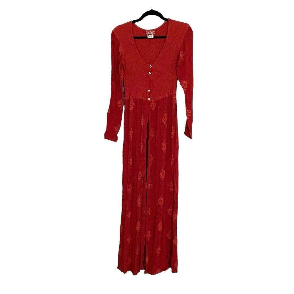 GHOST England Vintage V-Neck Long Sleeve Dress Cardigan Duster Embroidered Red L